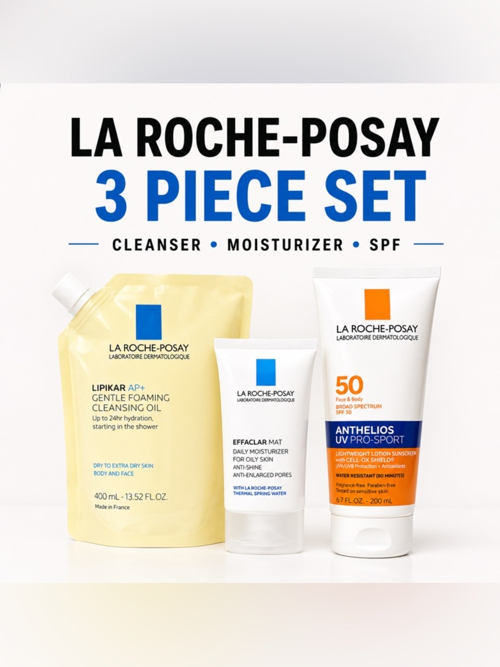 La Roche Posay Skincare Bundle Lipikar Cleanser Effaclar Mat Anthelios SPF Set